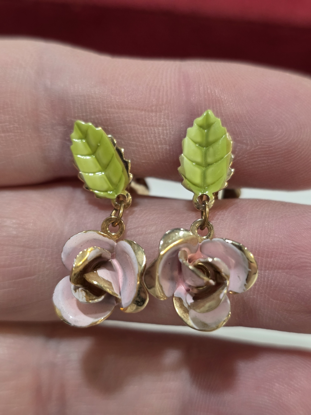 Vintage Pink Rose and Lime Leaf Drop Earrings